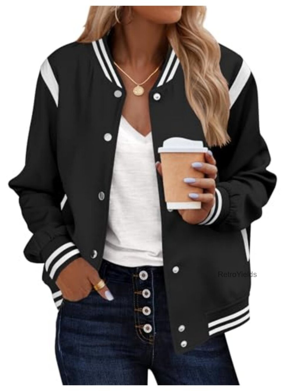 Bomber Jacket Varsity Casual Snap Button Pockets Long Sleeve Outerwear